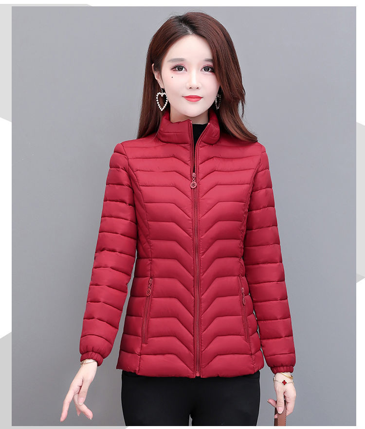 短款棉衣女轻薄棉服保暖棉衣中年秋冬女装妈妈外套冬季小棉袄深红色