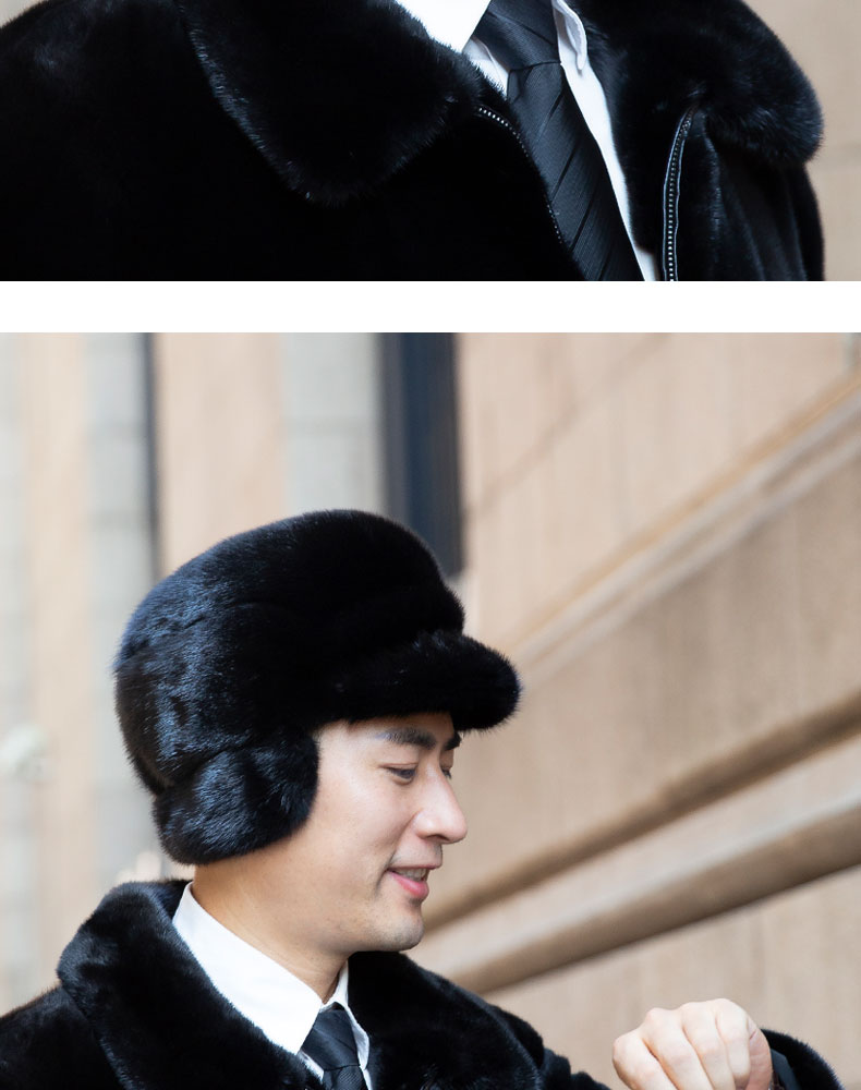 整水貂毛皮帽子护耳裘皮皮草男士东北中老年老人帽子保暖厚棉户外黑色