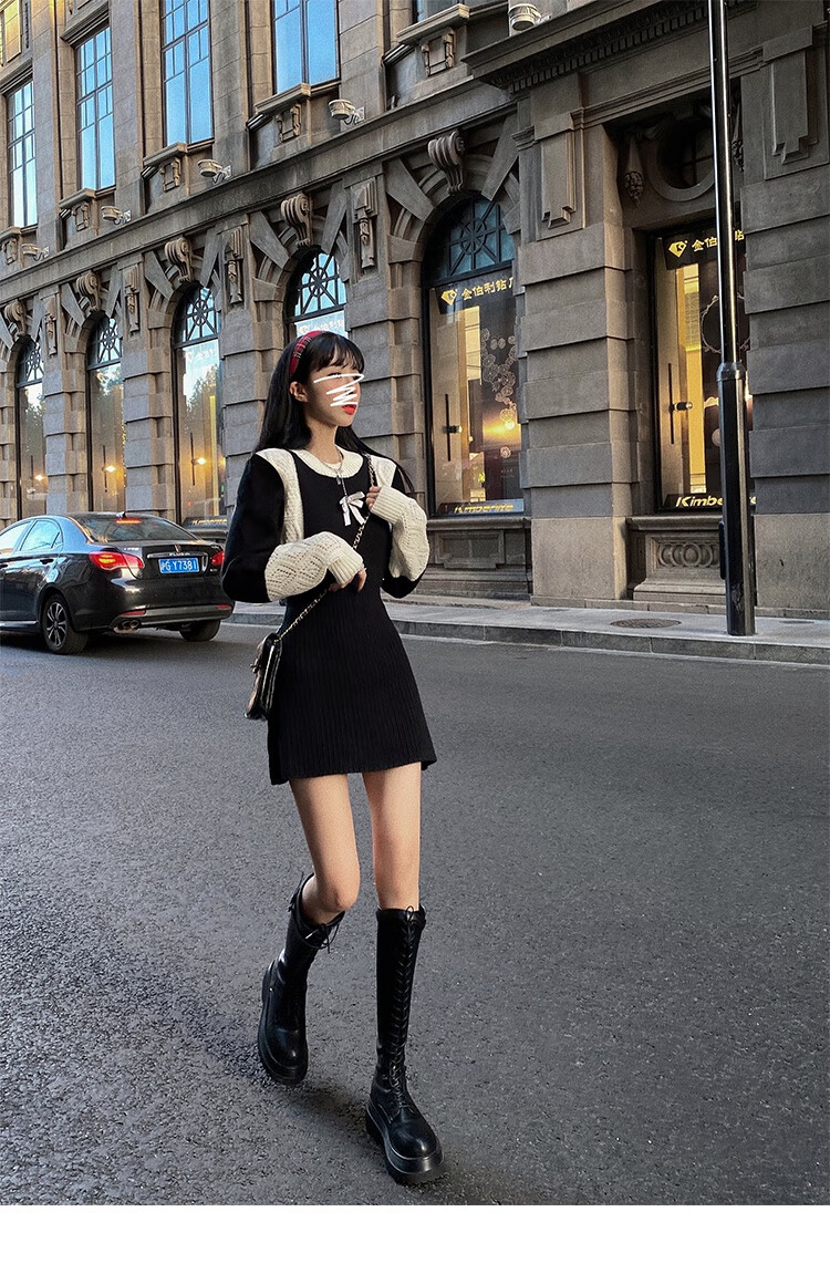 纯欲风连衣裙女2021年冬季新款洋气辣妹御姐气质露肩拼接针织毛衣女