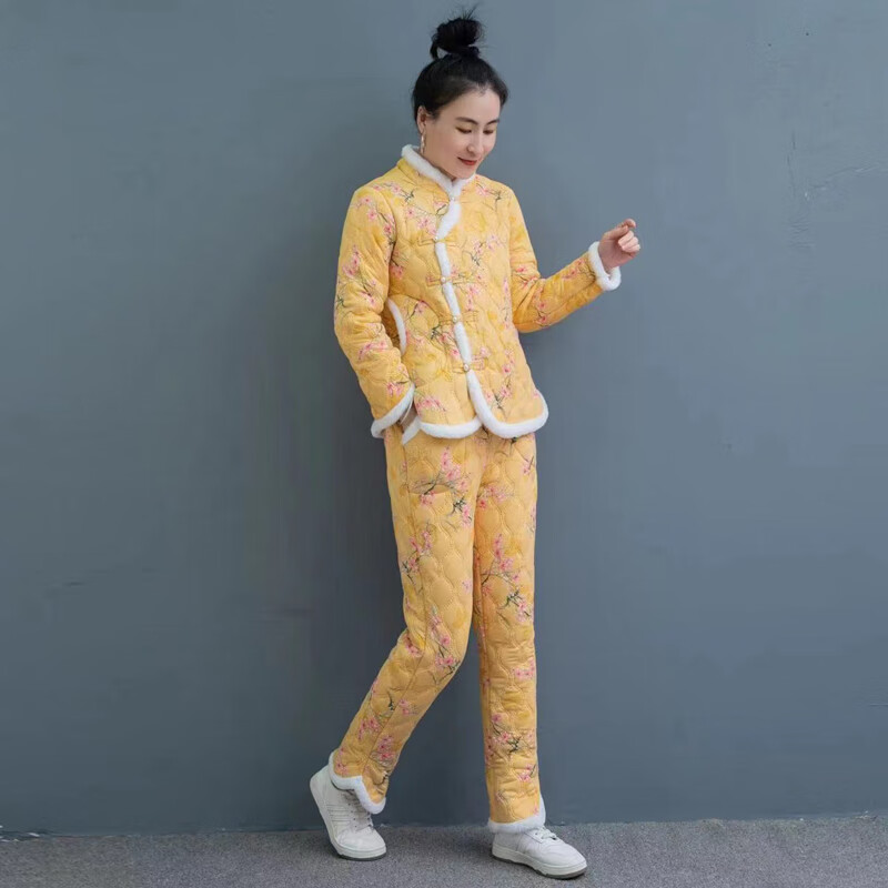 花2022式加绒棉袄棉裤两件套装唐装民族风妈妈花棉衣 绿色(棉衣 棉裤)