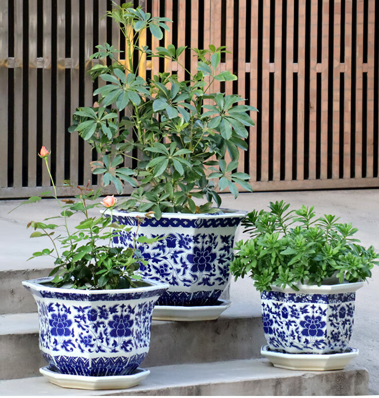 青花瓷花盆景德镇中国风八角青花瓷花盆带接水盘仿古树盆发财树桂花