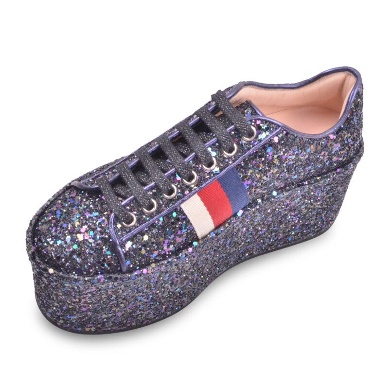 gucci古驰女鞋亮片条纹拼色厚底系带松糕鞋475105银色意码345