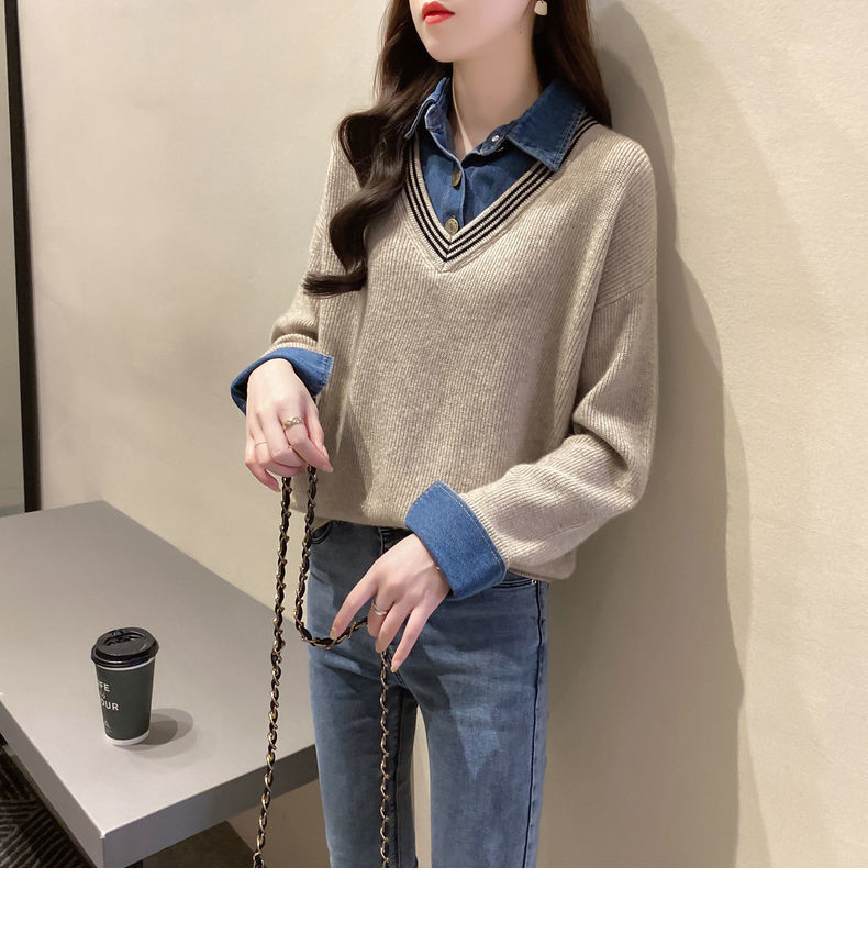 女装新款假两件拼接牛仔布衬衫领毛衣女秋冬新款时尚针织宽松套头上衣