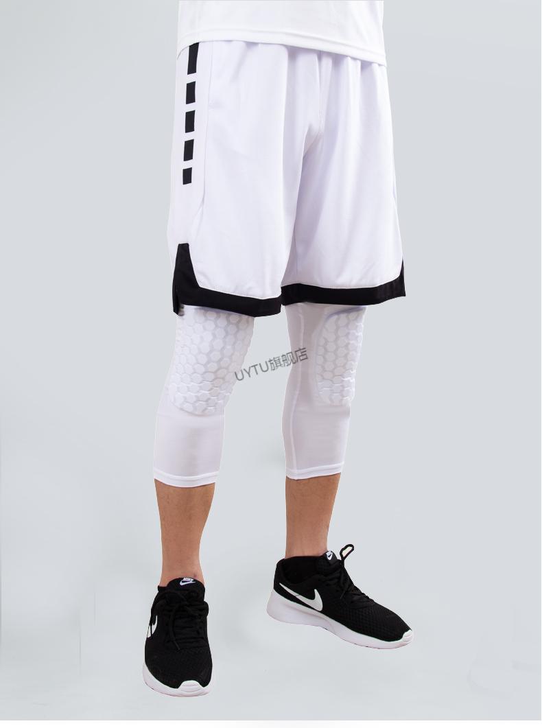 篮球紧身裤七分护膝健身装备男蜂窝防撞带护腿运动训练打底裤313白短