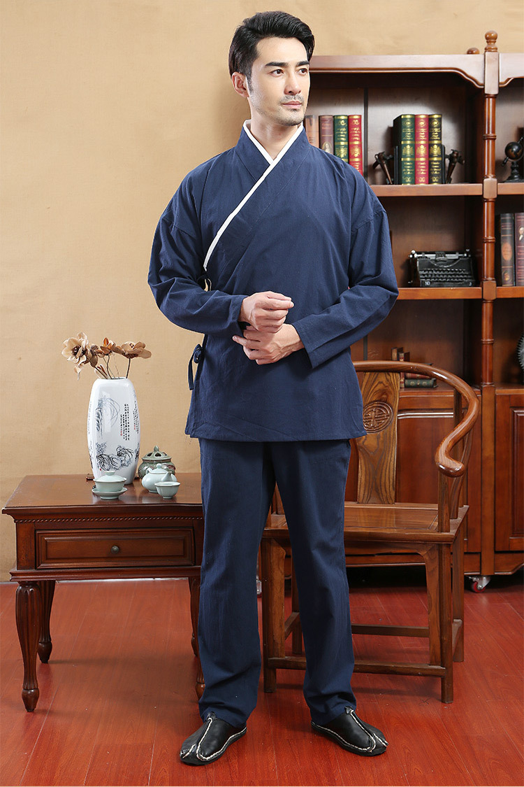 唐装男中国风汉服套装棉麻春秋长袖古装中衣斜襟中式打底衫交领复古