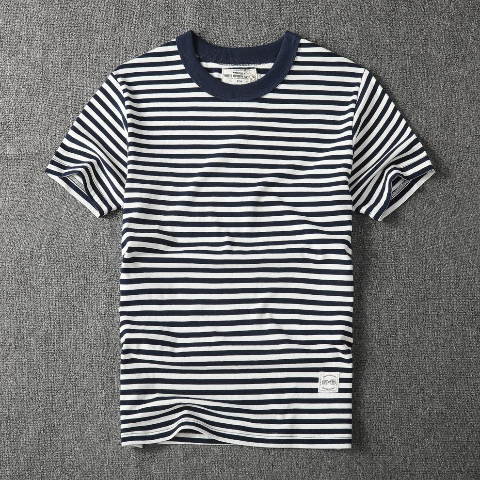 复古情侣海魂衫体恤纯棉男t短袖撞色打底衫黄色蓝白条纹t恤男海军t恤