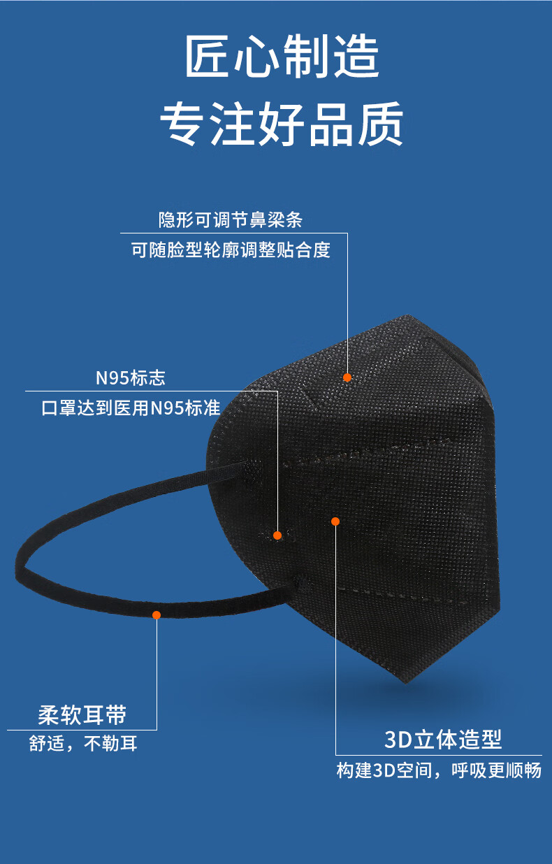 亿凌n95级别口罩黑色医用防护防病毒kn95医护外科一次性n95囗罩10只