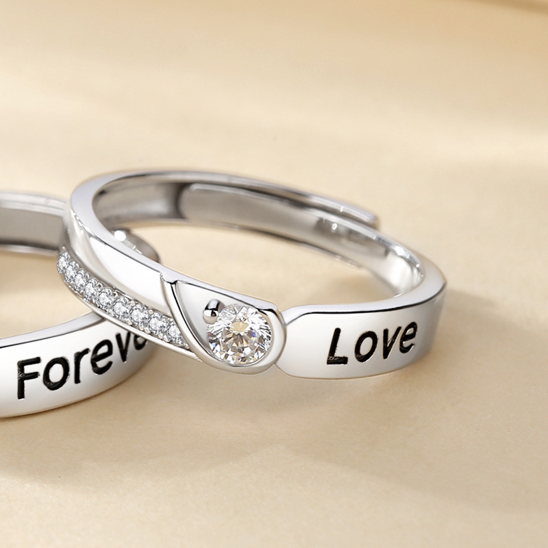 优诗诺 心心相印戒指永恒情侣s925银字母foreverlove爱心七夕情人节
