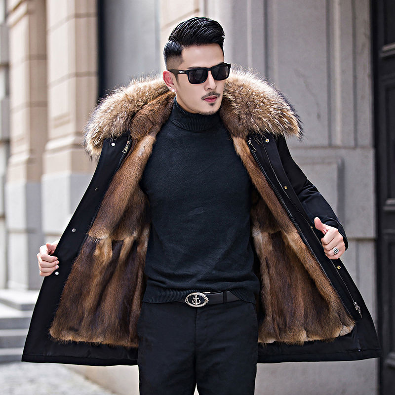 加厚青根貂水貂毛男士派克大衣外套本色中长整貂青根貂男2xl135150斤