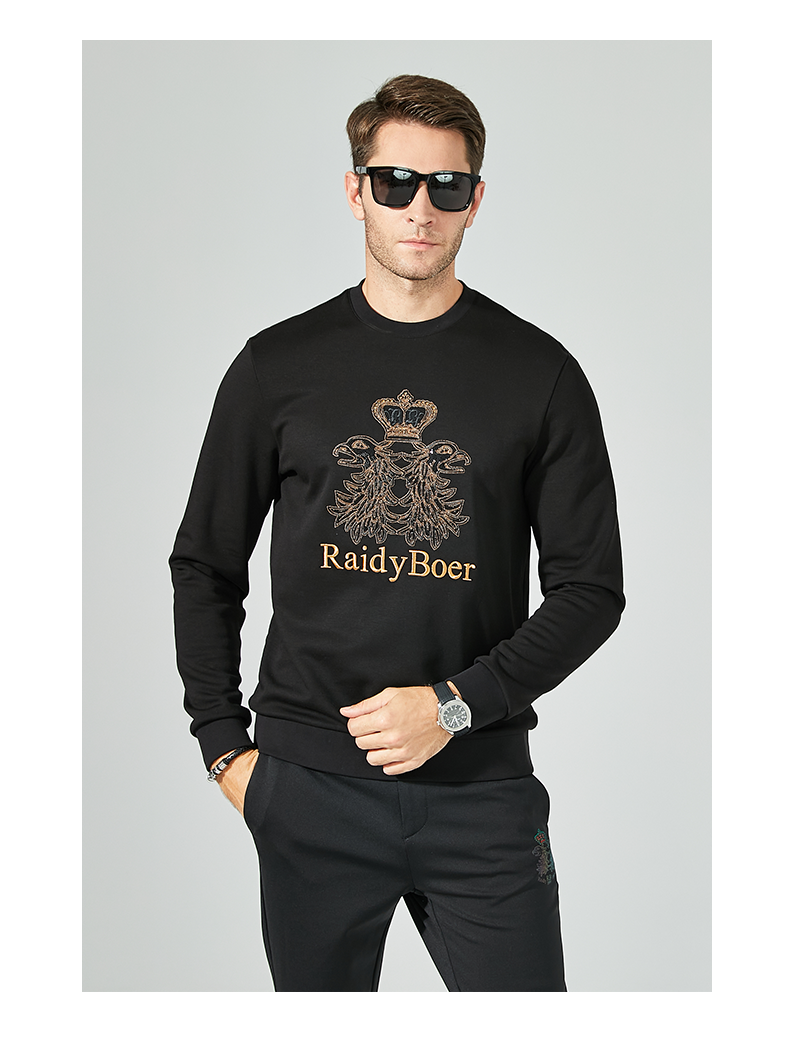 raidyboer雷迪波尔男士秋季时尚休闲烫钻刺绣圆领卫衣6018黑色17550l