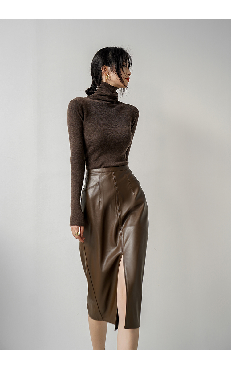 皮裙半身裙女中长款女早春复古气质裙显瘦开叉棕色s