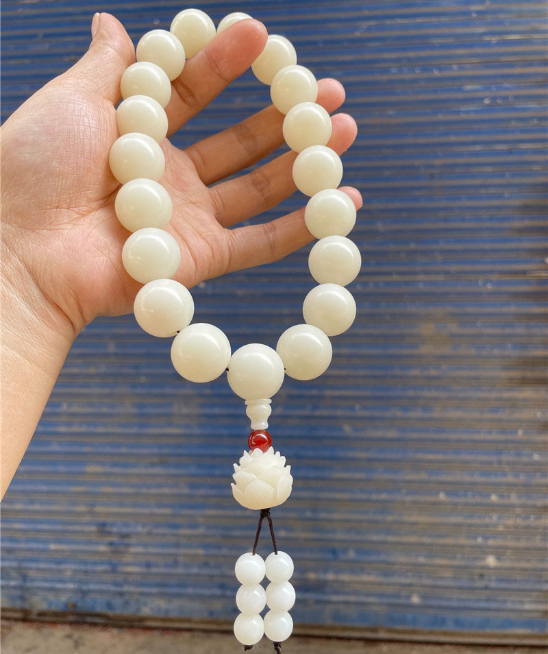 一北 原籽菩提根手串手持 18颗白玉菩提子佛珠男女配饰 精雕莲花 16mm