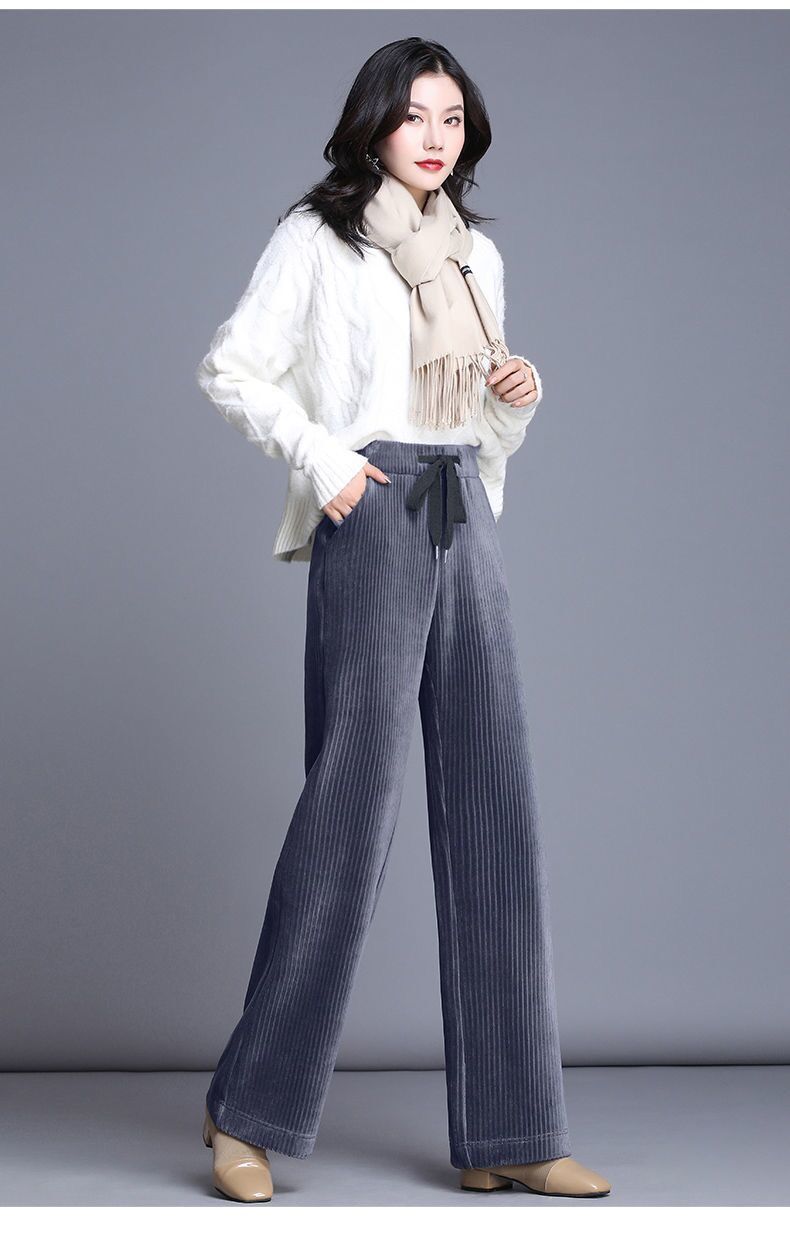 女秋冬2021新款高腰垂感加绒灯芯绒女裤条绒裤子加厚直筒裤灰色加绒