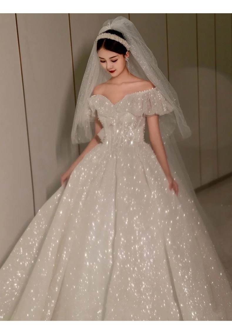 孕妇婚纱7个月敬酒服新娘遮肚子一字肩主婚纱2021新款新娘夏季法式大