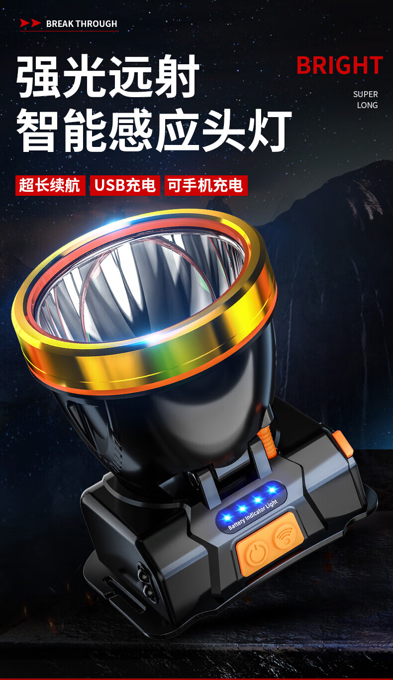 头戴式头灯强光充电亮钓鱼长续航手电筒矿灯感应夜钓 59800w白光 300
