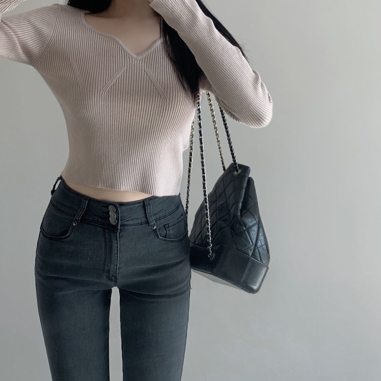 网红同款高腰弹力牛仔裤女蜜桃臀紧身翘臀显瘦包臀小脚铅笔靴裤 黑