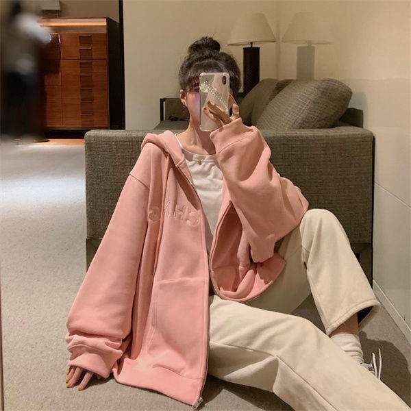 秋季女装连帽卫衣粉色加绒加厚女韩版连帽学生开衫外套潮白色薄款xl