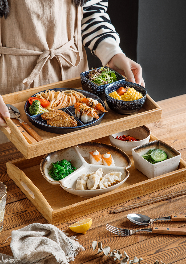 餐具分格盘家用早餐盘套装减脂餐盘陶瓷分餐制分隔盘子棕蓝三格盘套装