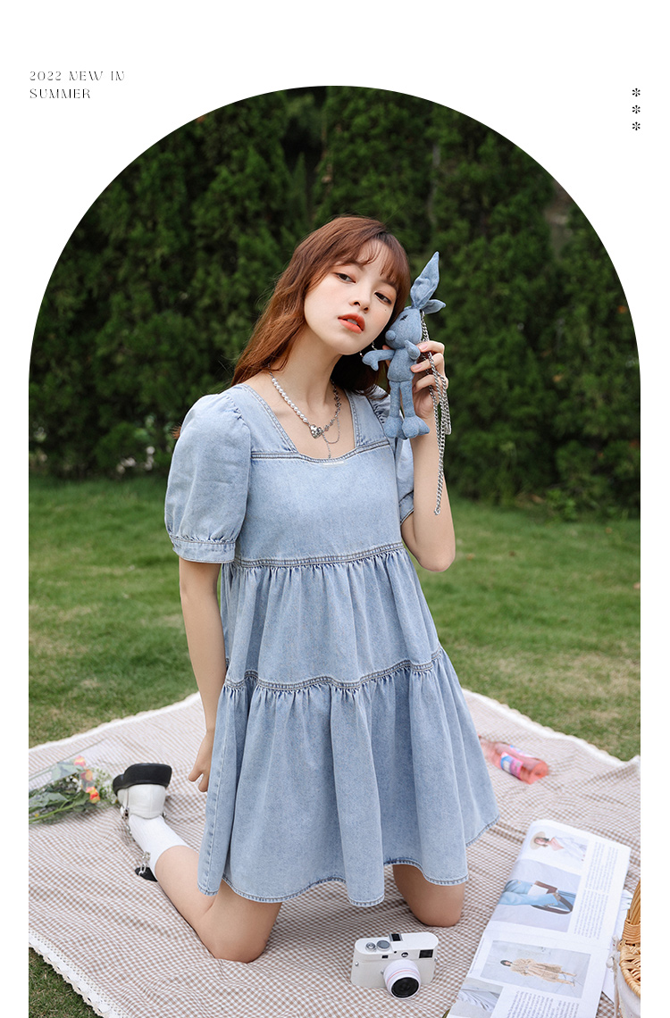 朵以2022夏季新款牛仔连衣裙复古减龄方领可爱玩偶甜美高腰a字裙37vx