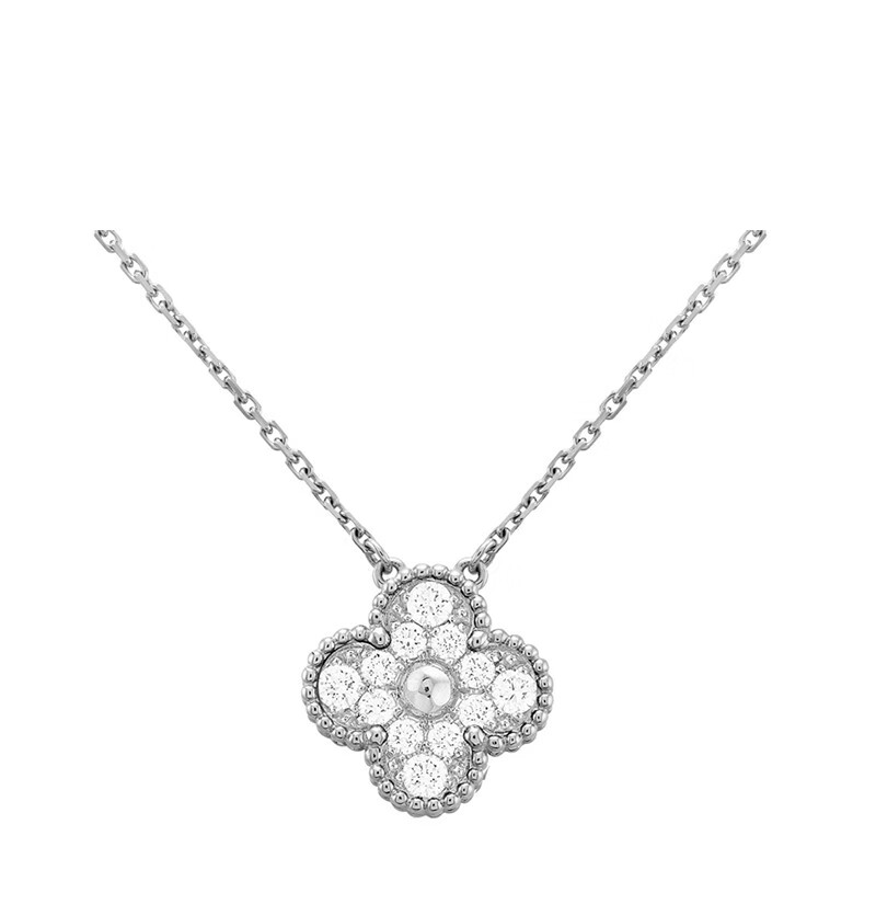 vca/梵克雅宝女士满钻项链alhambra复古白金四叶草项链 预售预售代购