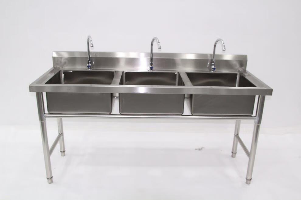 银枪加厚不锈钢双眼带平台水槽商用三池厨房洗菜洗碗盆池洗手台不锈钢