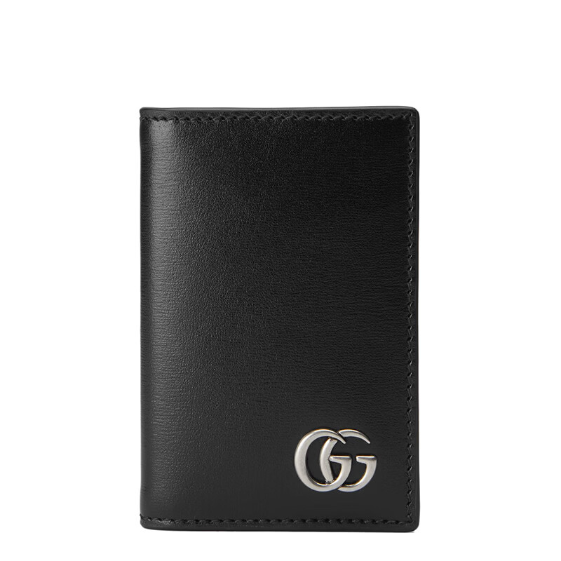 gucci古驰21春夏新款ggmarmont系列男士黑色光滑皮革银色双g装饰双折