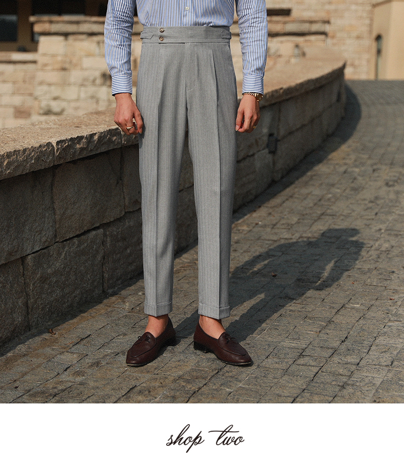 意式复古 那不勒斯西裤男高腰裤廓尔喀西裤高腰直筒条纹长裤商务免烫