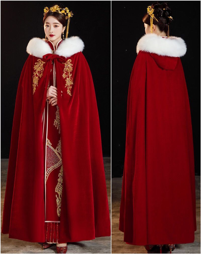 新品秀禾服披肩秀禾服披风红色2021新款新娘中式婚礼毛