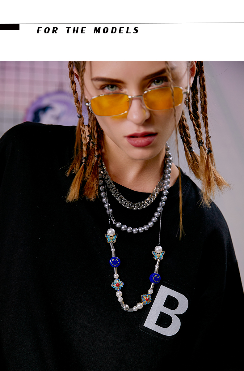 仁尼精选mobevae蓝色笑脸蝴蝶骷颅头珍珠项链ins潮男女嘻哈孩子王520