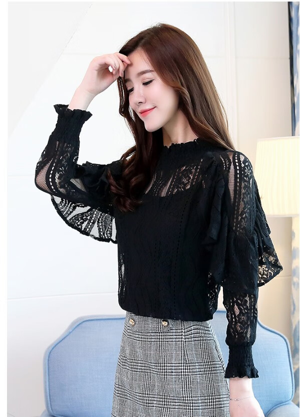 2021新款交谊舞上衣女长袖蕾丝宽松国标摩登小衫拉丁舞表演服跳舞黑色