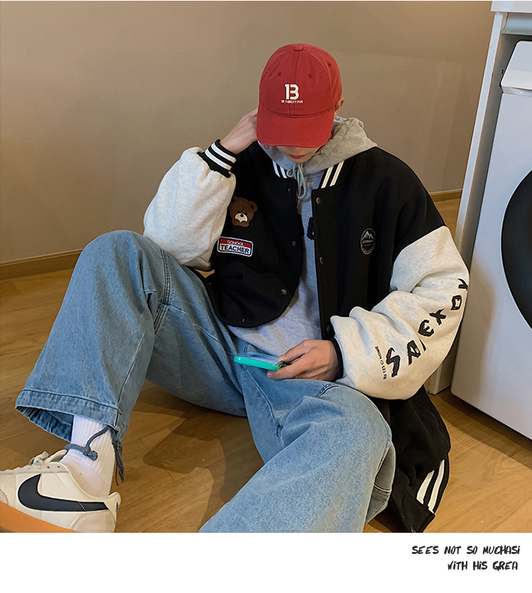 鹦鹏胖子小熊刺绣棒球服男oversize冬季加厚潮牌ins街美式情侣夹克