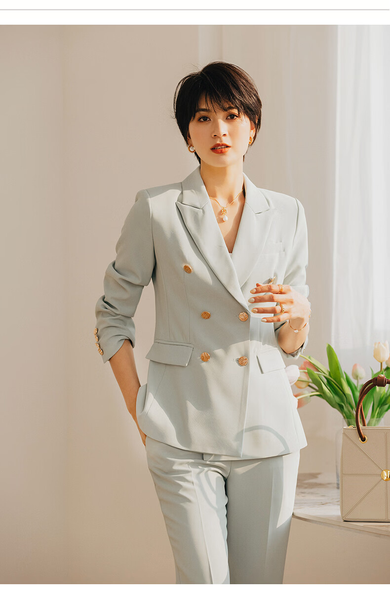ad 蒋菲菲网红同款时尚薄荷绿双排扣西装外套女秋冬长袖高端气质职业