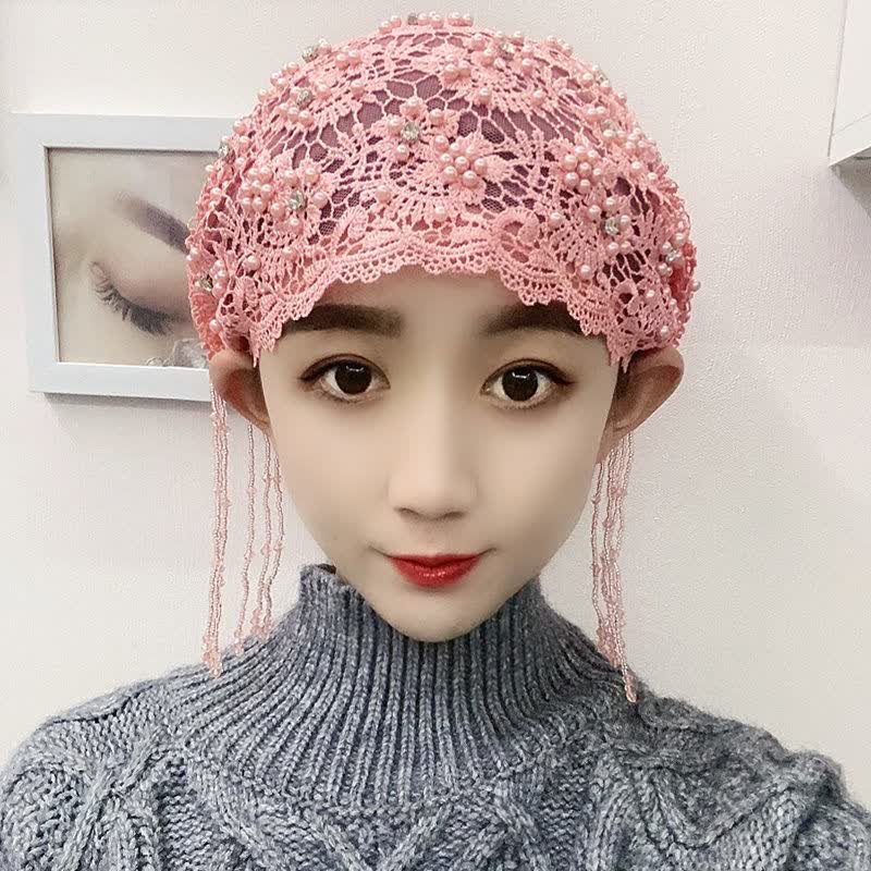 回族女人的套头纱巾流苏帽子新款回族女士头巾钉珠纱巾方便套头盖头帽