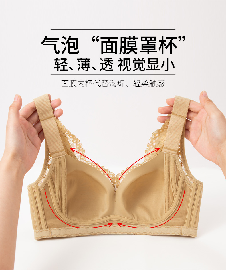 弄婷大码面膜杯内衣女无钢圈大胸显小调整型无海绵内衣聚拢文胸罩薄款