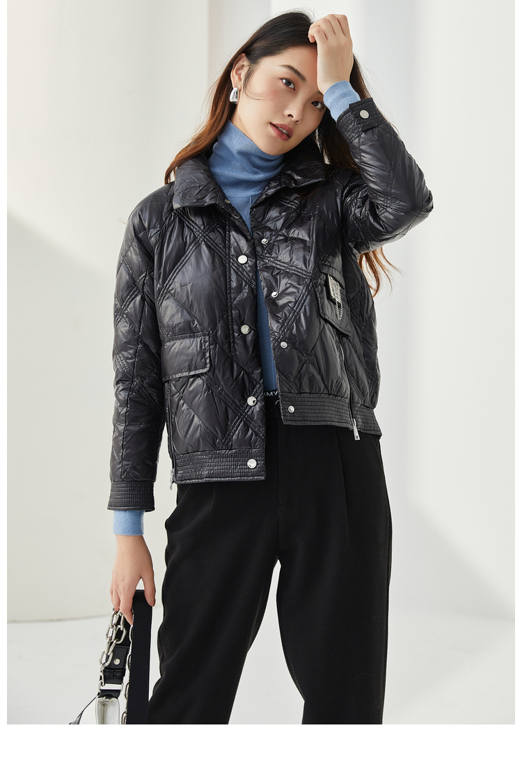 紫淑黑色轻薄羽绒服女短款2021年新款秋冬季翻领白鸭绒外套小个子黑色