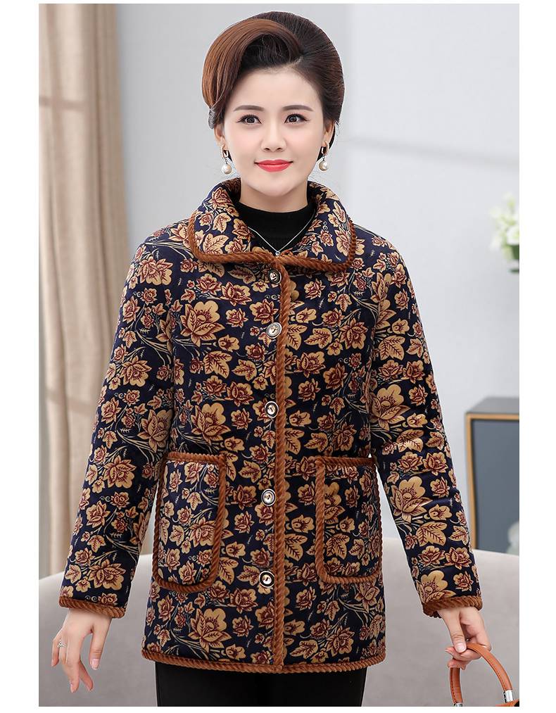 浪莎花棉袄子中老年人女装加绒加厚花50岁妈妈秋冬季棉服短款洋气女式