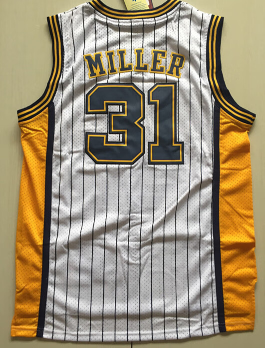 腾讯体育nba旗舰店步行者31号雷吉米勒球衣复古刺绣篮球服 白色条纹