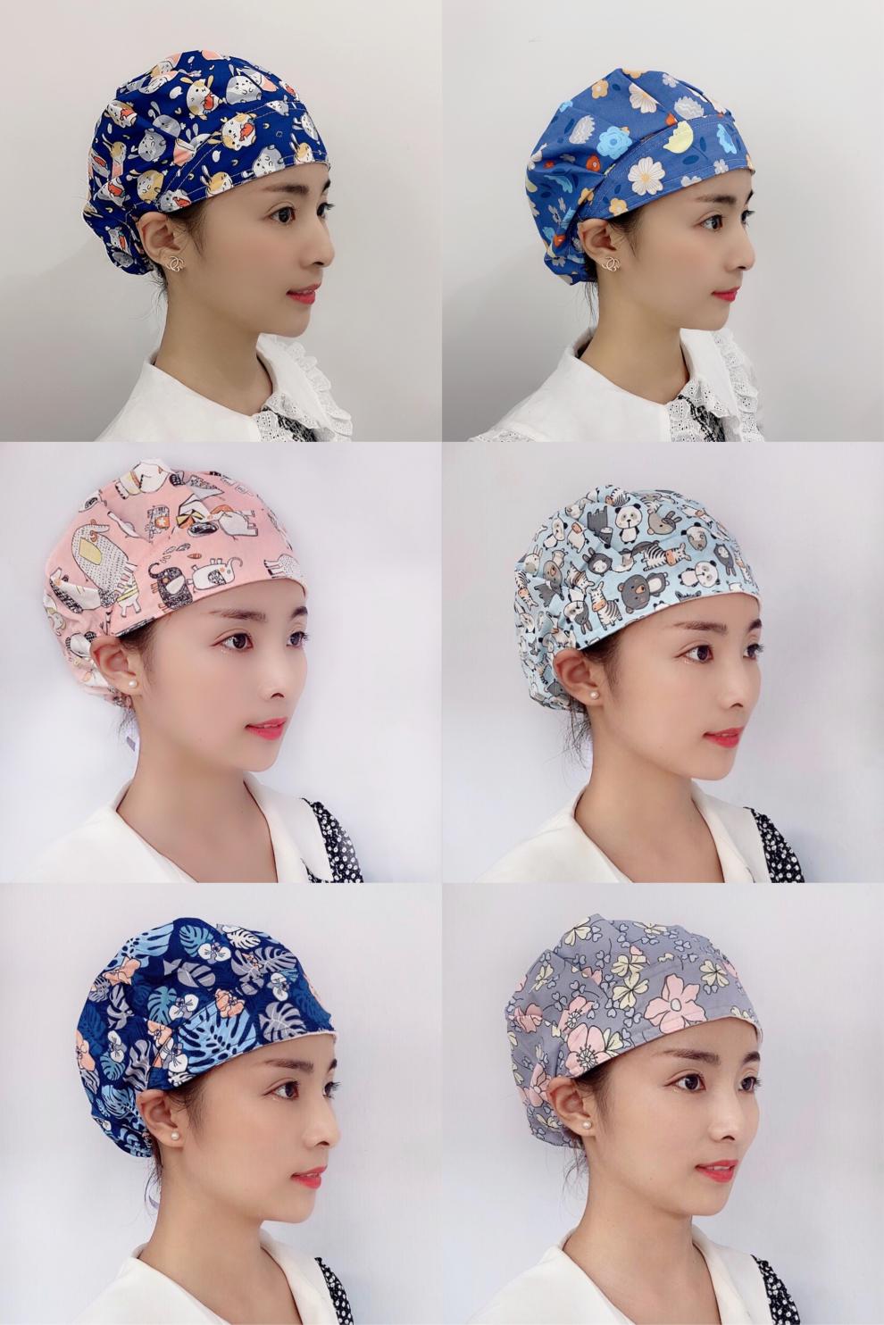 棉质印花护士帽医护帽家用厨房帽防油烟餐饮防掉头发护士工作帽子蓝色