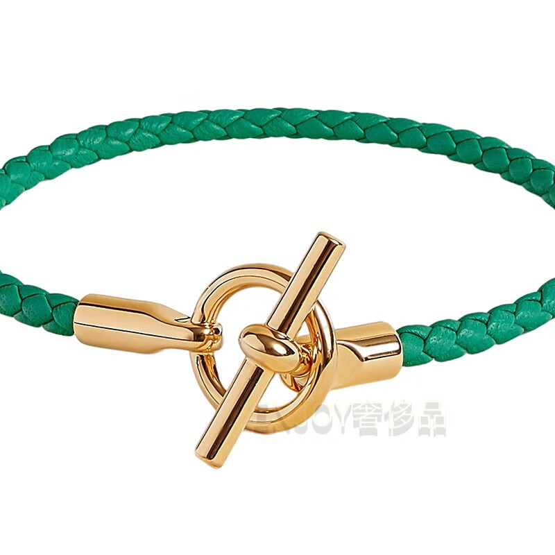 hermes爱马仕女士手绳手链手环编织小牛皮拴扣镀金饰面绿色520情人节