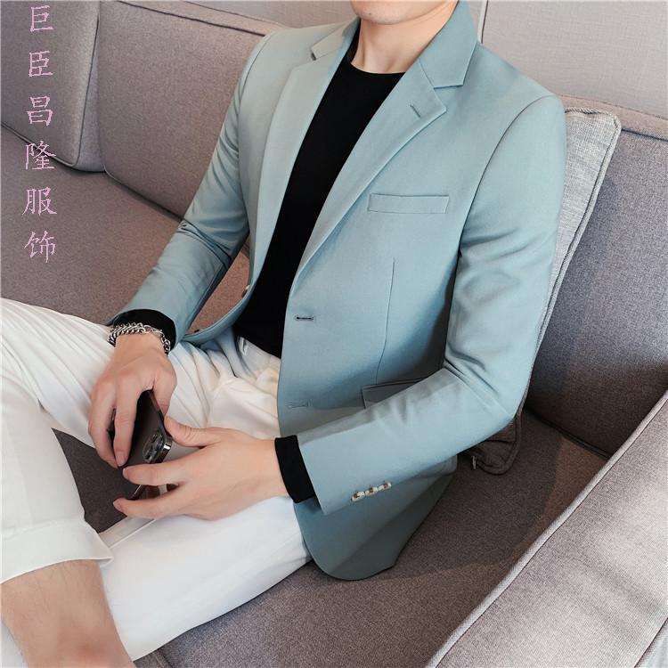 约会上班西装外套男士商务免烫便服修身休闲西服橄榄绿潮淡青色2xl