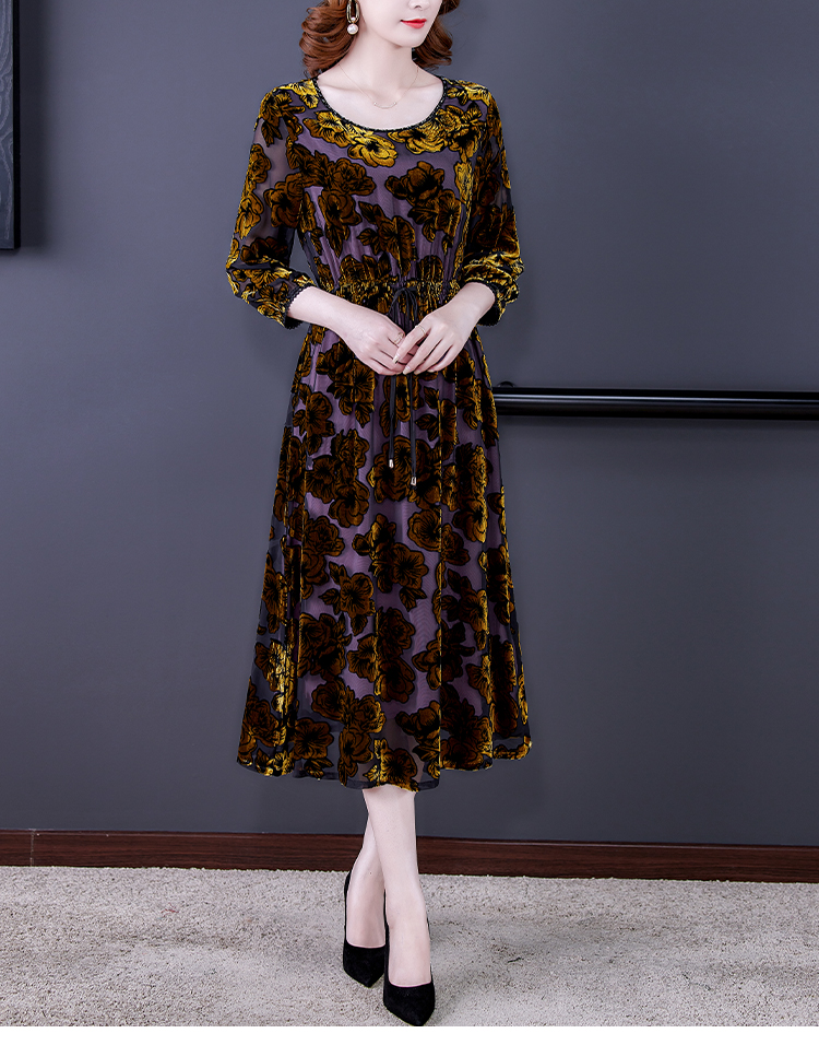 高档女装印花真丝绒连衣裙女2021年冬季装新款高端妈妈长袖金丝绒裙子