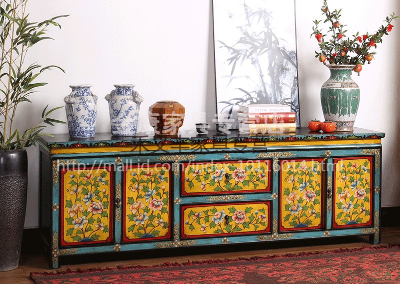 navcon新中式彩绘电视柜实木西藏式家具仿古做旧地柜客厅柜储物装饰柜