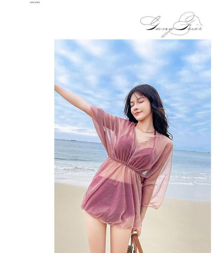 2022新款网红游泳衣女夏分体性感比基尼三件套大码遮肚保守微胖显瘦小