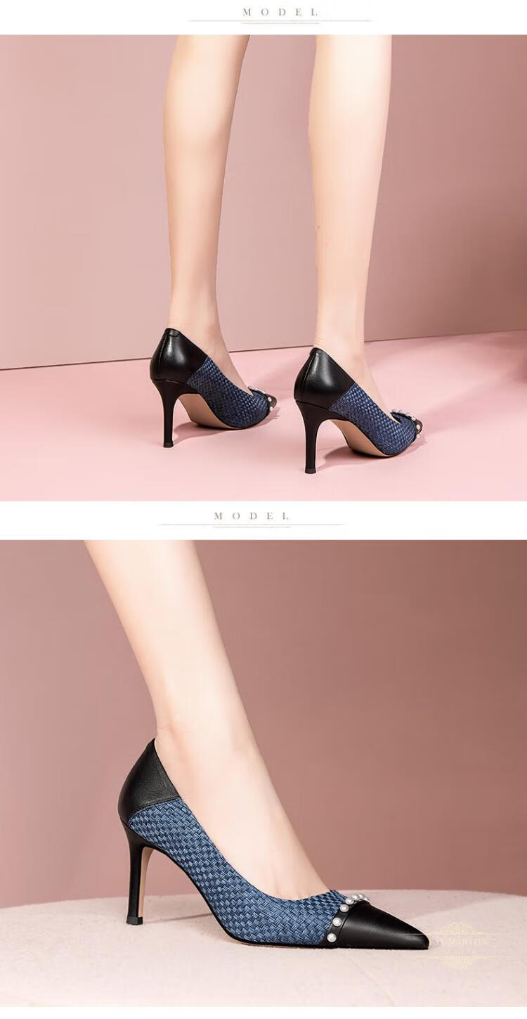 法玛莎品牌2021年新款高跟鞋女秋尖头细跟结婚气质蓝色单鞋女拼色黑色