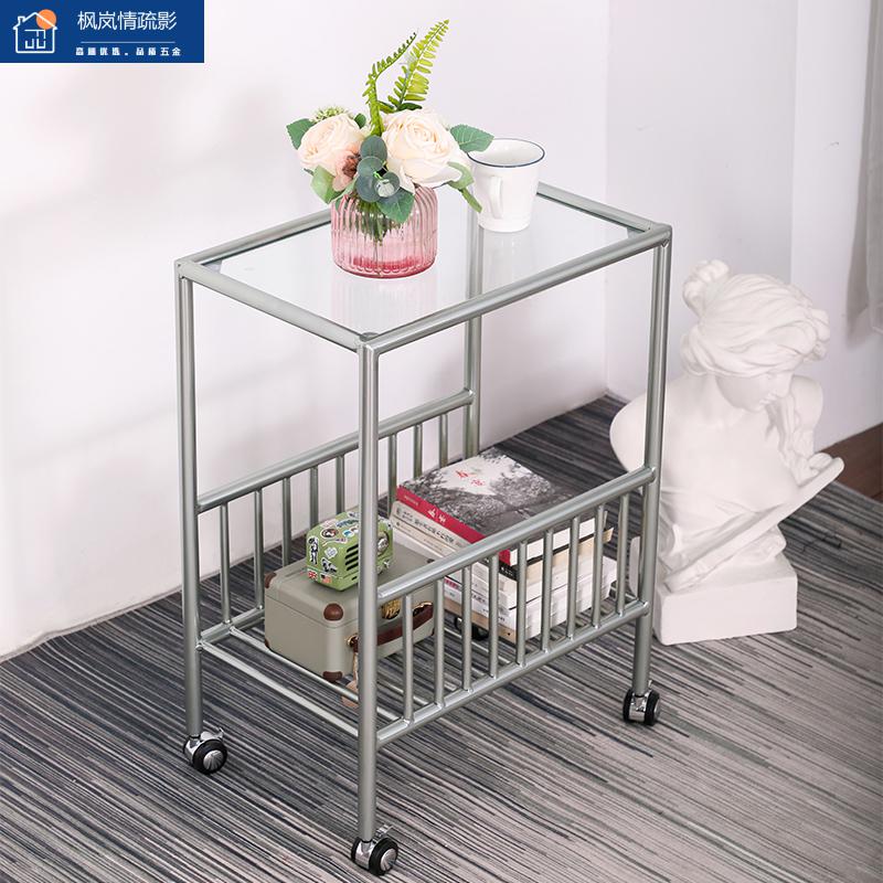 带滑轮小茶几中式极简铁艺边几滑轮可移动轻奢客厅小角几中古玻璃带轮
