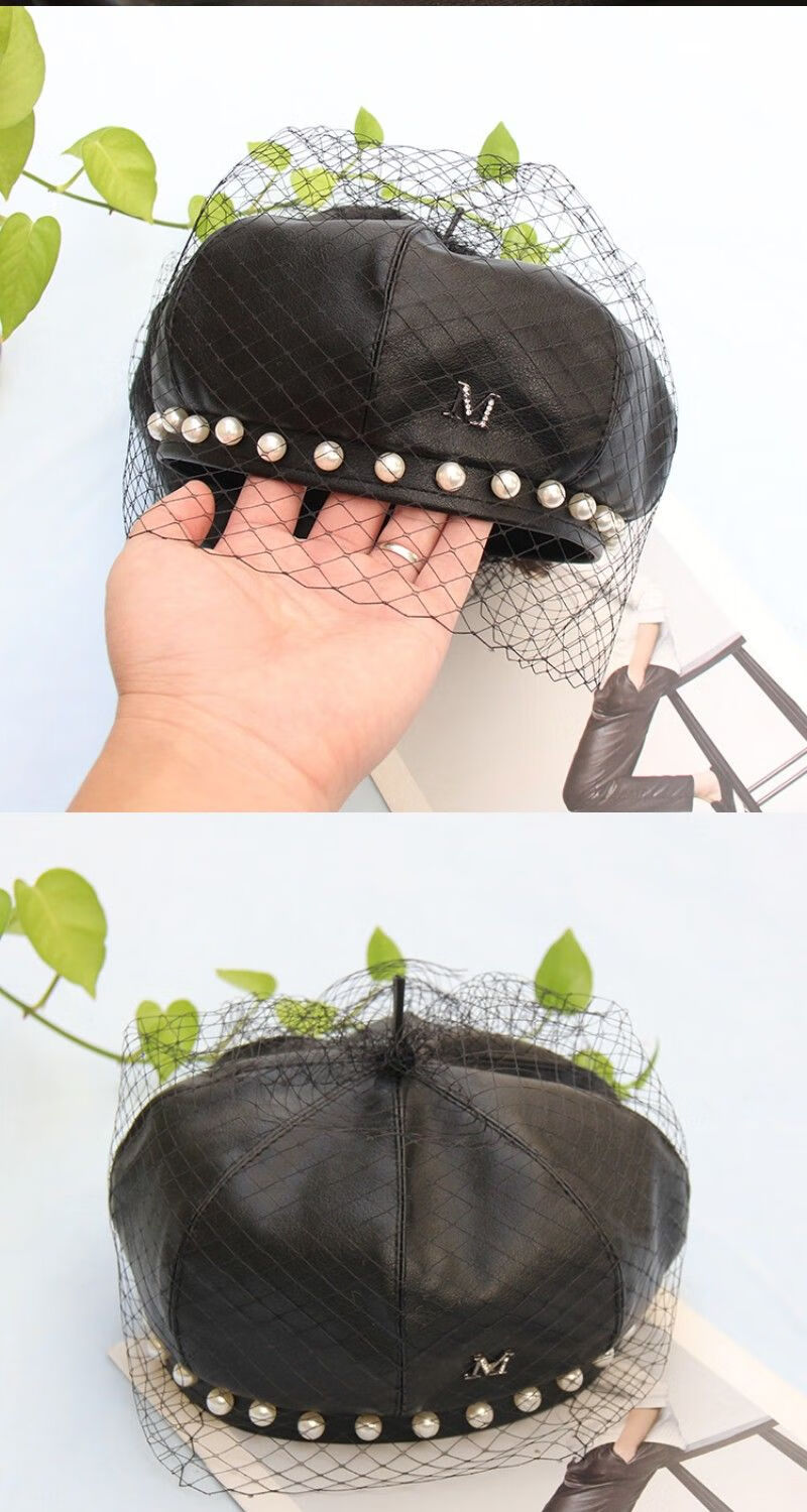 帽女秋冬英伦保暖珍珠皮八角帽甜美蕾丝画家帽珍珠网纱皮蓓蕾黑色可