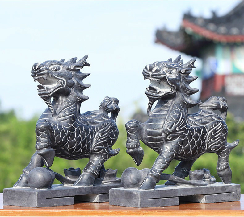 青石麒麟公母一对门口庭院家居办公室风水摆件石头石雕麒麟石墩精雕