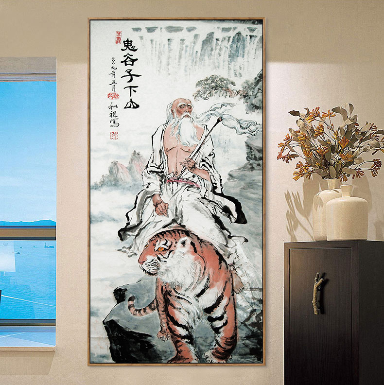 图骑虎画像老子孔子国画挂画王禅老祖神像丝绸卷轴画鬼谷子下山3080cm