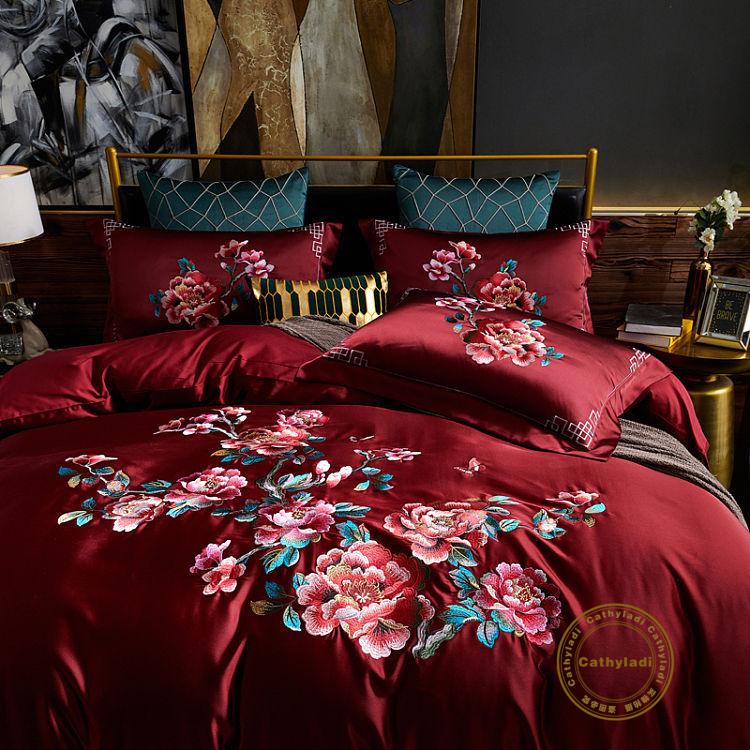 cathyladi新中式100支棉四件套牡丹花刺绣纯棉中国风绣花床上用品欧式