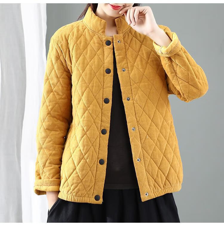 高质量雪澈灯芯绒夹棉小棉袄复古宽松立领秋冬棉服菱形格条绒短款棉衣